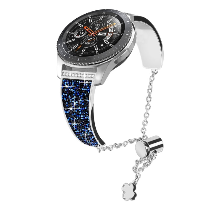 Blue rhinestone 20mm watch band with metal chain and clover charm