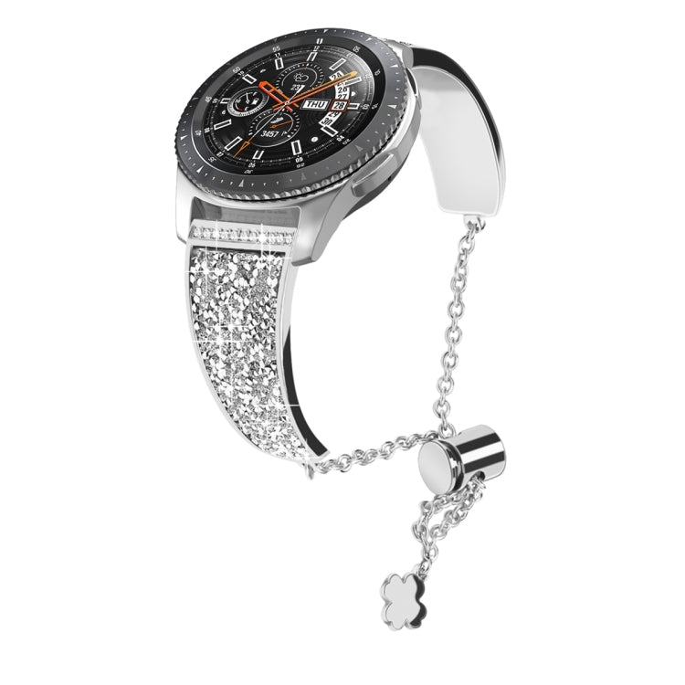 Silver rhinestone 20mm watch band with metal chain and clover charm