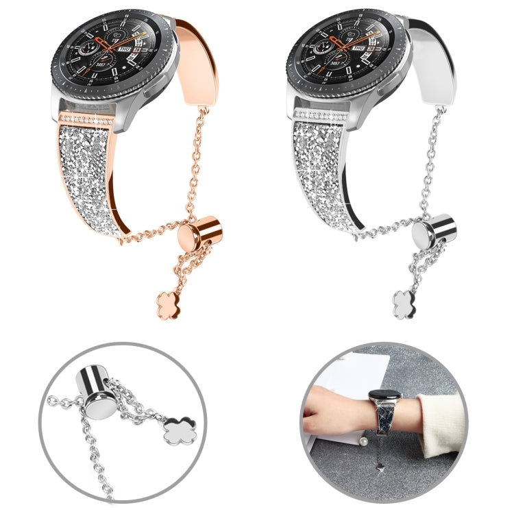 Rhinestone watch bands with metal chains and clover charms in rose and silver
