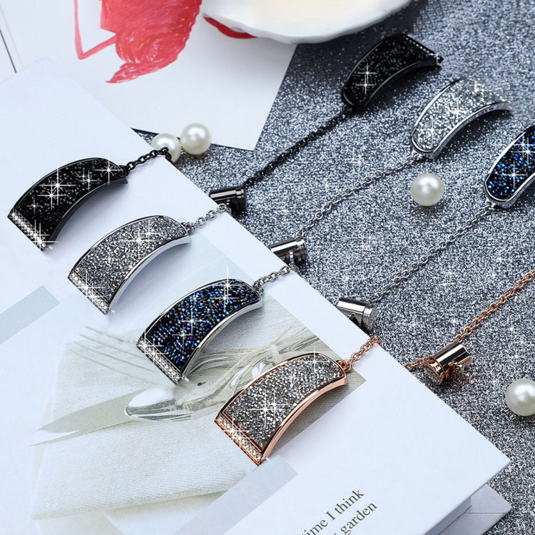 Rhinestone metal watch strap set in black, blue, silver, and rose gold with chains