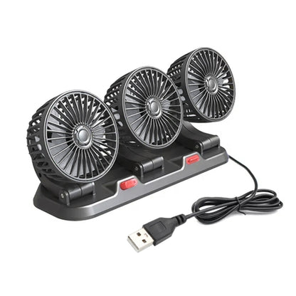 Three-head rotating car fan with black base and three silver grille fans