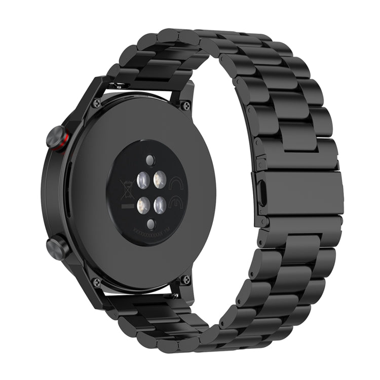 Black three-bead stainless steel watch band, side view of link bracelet, 22mm
