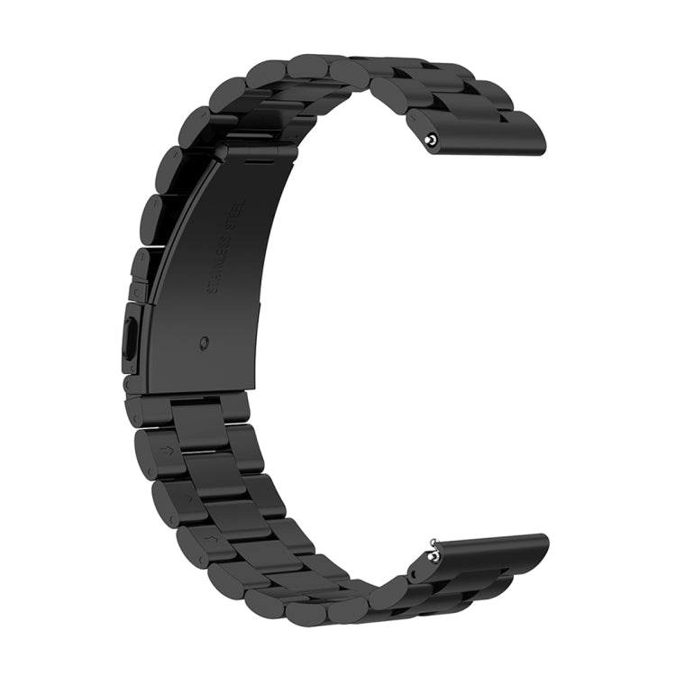 Black three-bead stainless steel watch band with clasp and bracelet links, 22mm