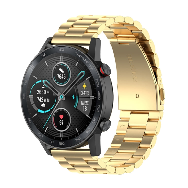 Gold three-bead stainless steel watch band with interlocking links, 22mm
