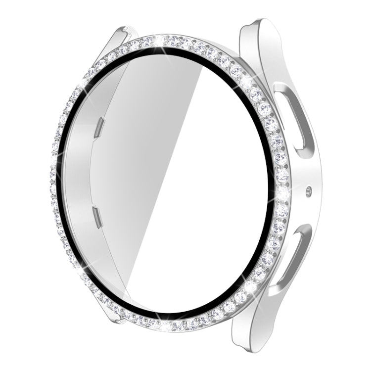 Silver diamond watch case with single-row rhinestones and tempered glass for Galaxy Watch5 44mm