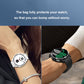 Diamond watch case with tempered glass on wrist, black bezel with green accents
