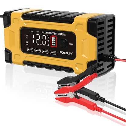 Yellow smart battery charger with digital display and red/black battery clamps