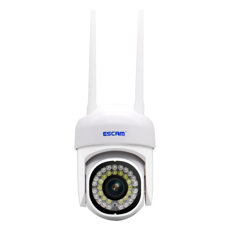 ESCAM white PTZ-style WiFi security camera with dual antennas and front lens