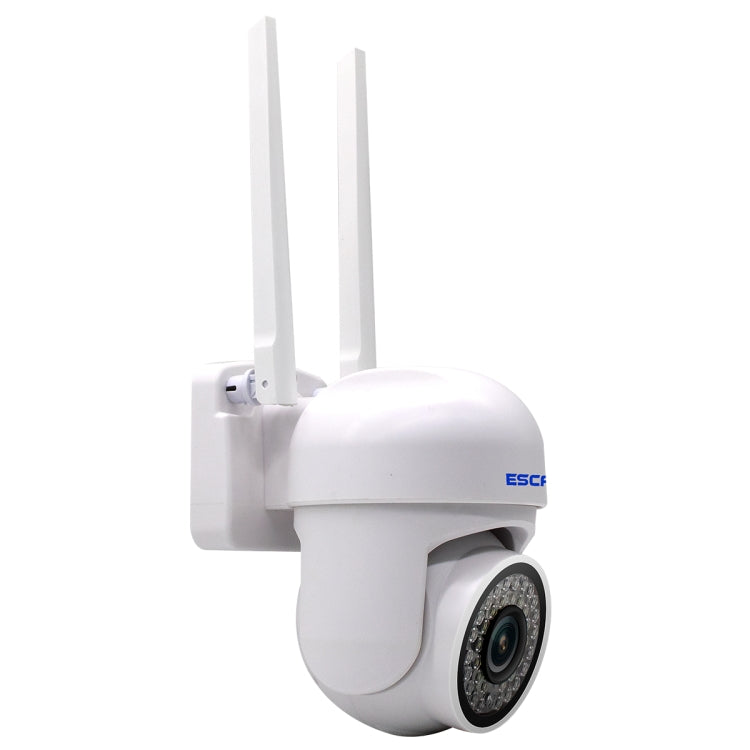 ESCAM white wall-mount WiFi security camera with side view and dual antennas