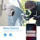 ESCAM WiFi security camera next to motion detection smartphone alert
