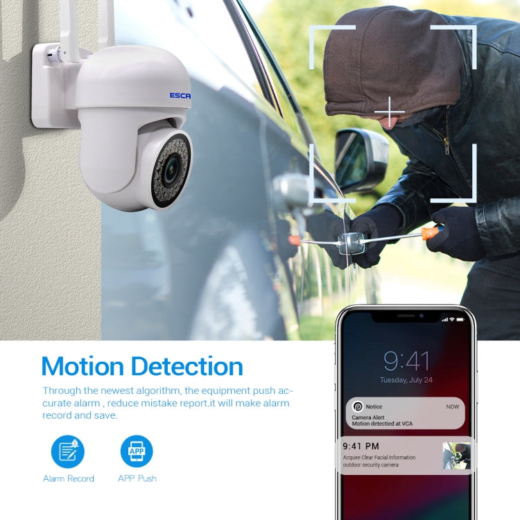 ESCAM WiFi security camera next to motion detection smartphone alert