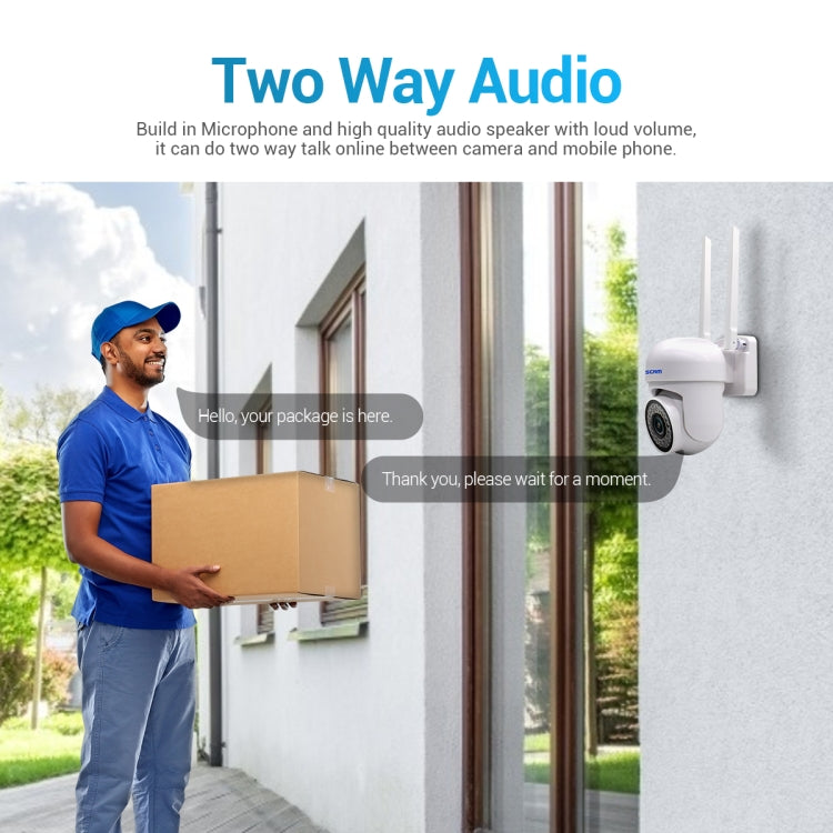 White WiFi security camera with two antennas mounted on a wall bracket.