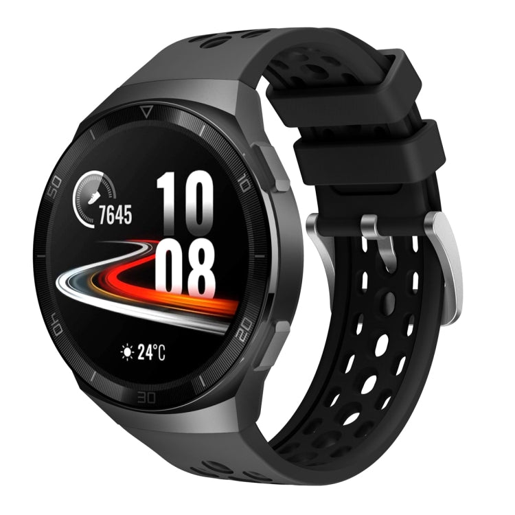 Two-tone silicone watch band, angled front view, dark gray and black, for Huawei Watch GT 2e