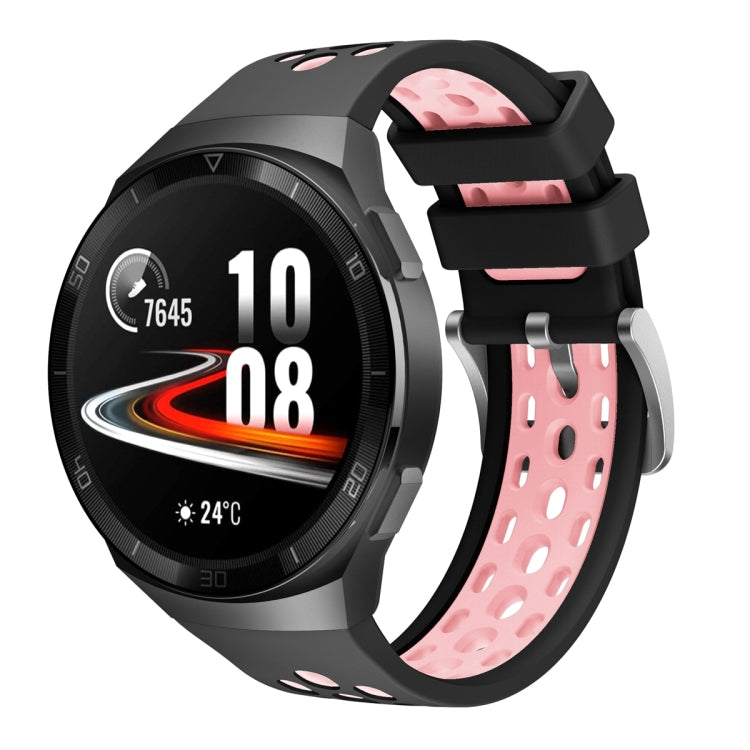 Two-tone silicone watch band with round holes, black and pink