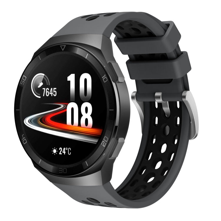 Two-tone silicone watch band, front view with watch face, gray and black, for Huawei Watch GT 2e