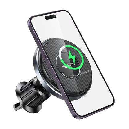 MagSafe-style car air vent wireless charger with magnetic ring and phone holder