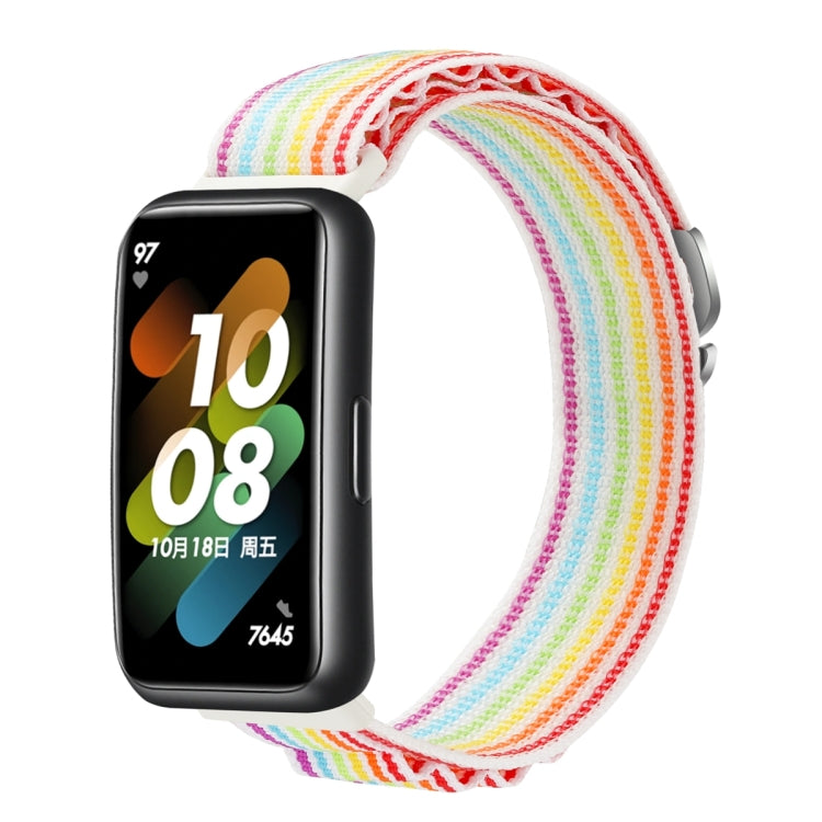 Loop nylon watch band with rainbow striped fabric strap, shown with smartwatch