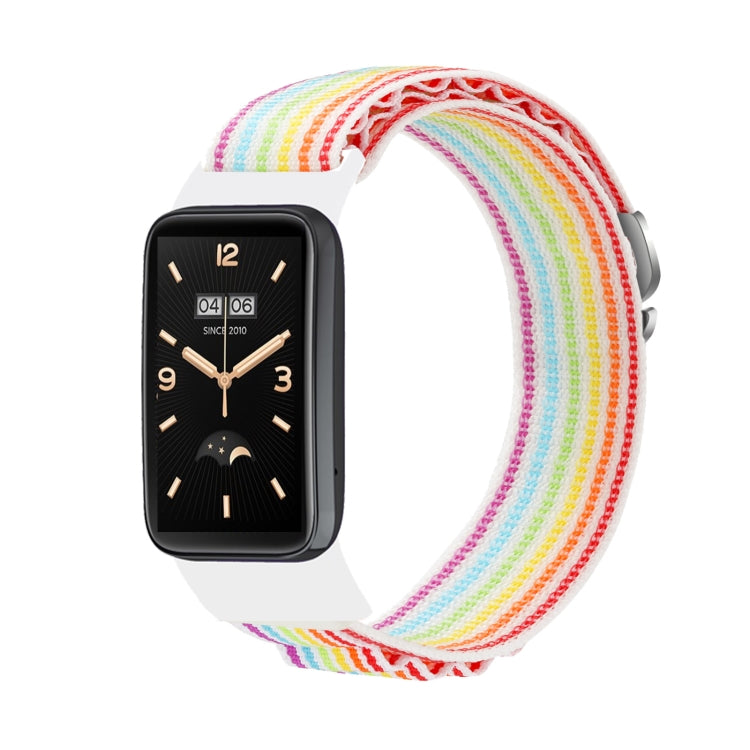 Loop nylon watch band with rainbow striped woven strap and smartwatch display