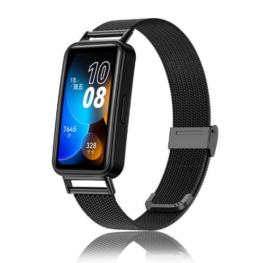 Black stainless steel metal mesh watch band with metal clasp and smartwatch holder