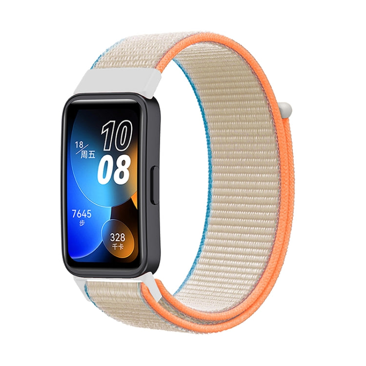 Woven nylon loop watch band for Huawei Band 8, beige strap with orange trim