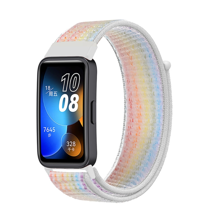 Woven nylon loop watch band for Huawei Band 8, white rainbow woven strap