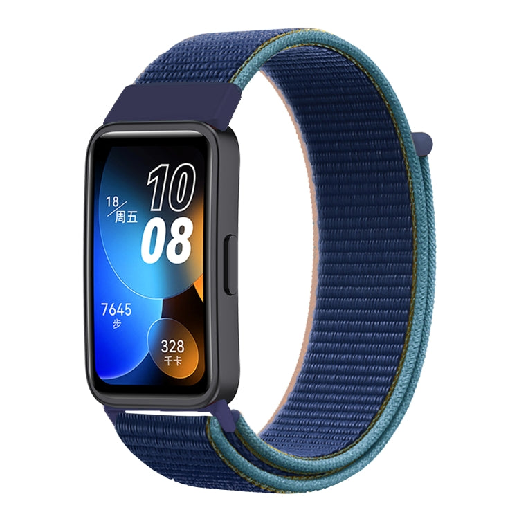 Woven nylon loop watch band for Huawei Band 8, dark blue strap with teal trim