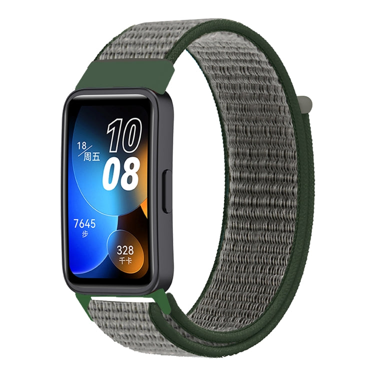 Woven nylon loop watch band with dark gray strap and olive green end tabs