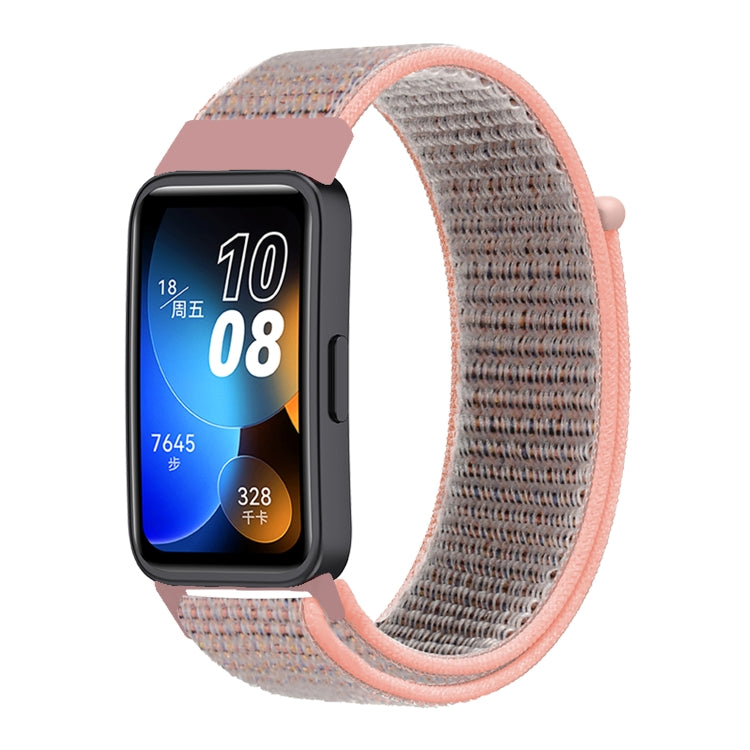 Woven nylon loop watch band with light gray woven strap and pink end trim