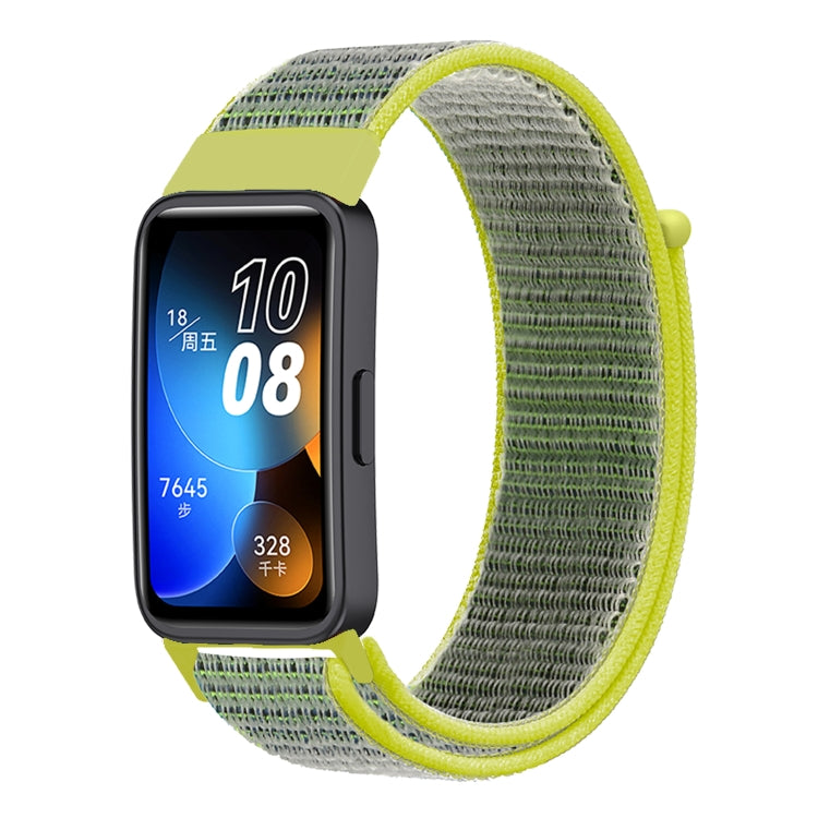 Woven nylon loop watch band with dark green woven strap and lime green end tabs