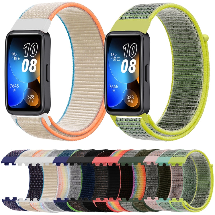 Woven nylon loop watch band set with beige, orange, and green woven straps and end tabs