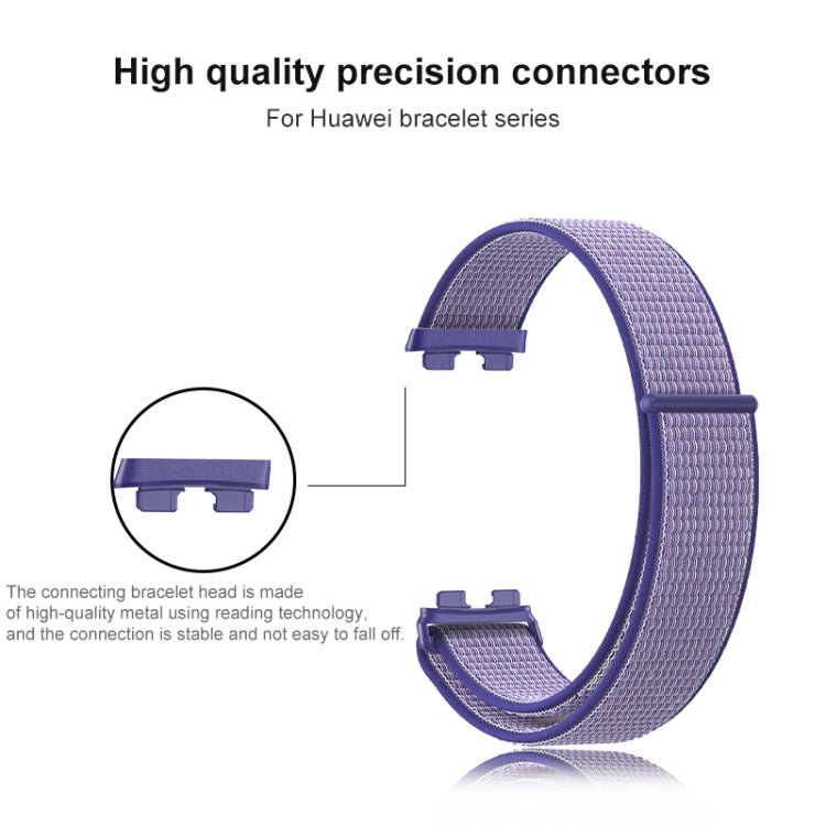 Woven nylon loop watch band with purple strap and metal connector detail on clasp