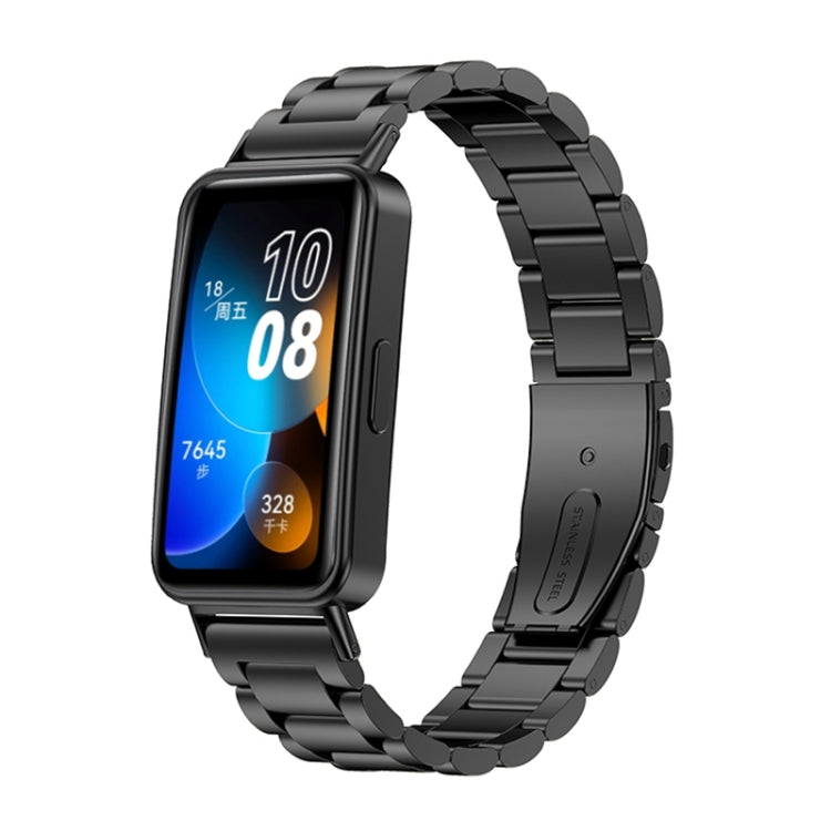 Black metal replacement watch band with three-strand links for Huawei Band 8 smartwatch