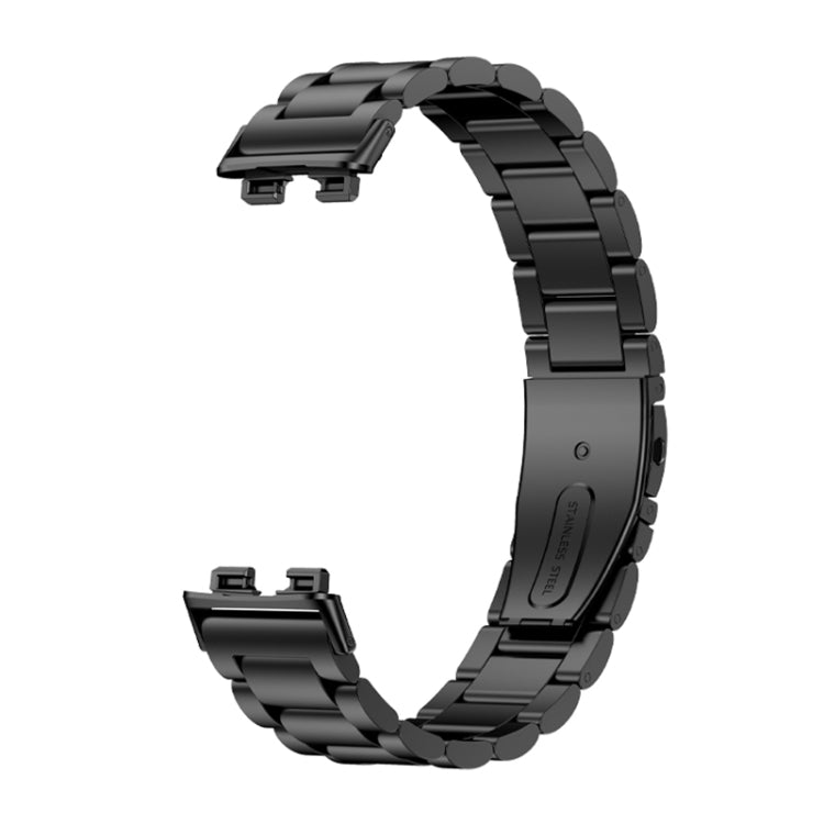 Black metal watch band with three-strand links and spare connector pieces