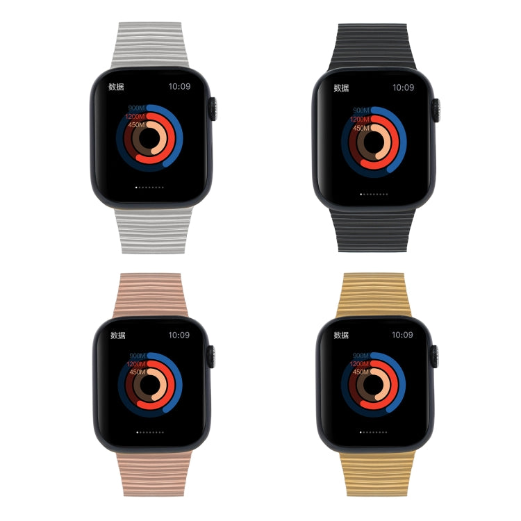 Ocean metal watch band with ribbed links, shown in silver, black, rose gold, gold
