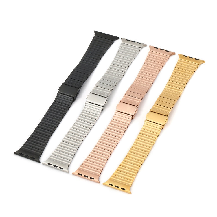 Ocean metal watch bands with ribbed links, laid out in black, silver, rose gold, gold