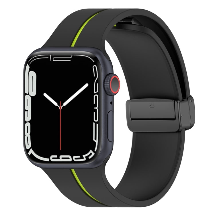 Silicone watch band with folding buckle, black with lime green accent, for Apple Watch
