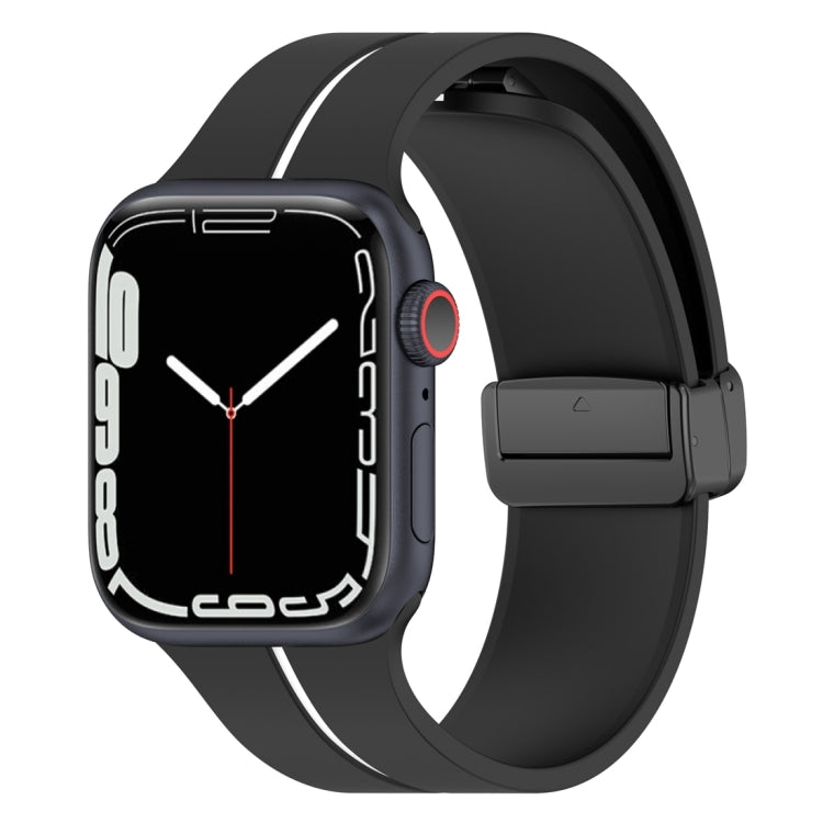 Silicone watch band with folding buckle, black with white accent, for Apple Watch
