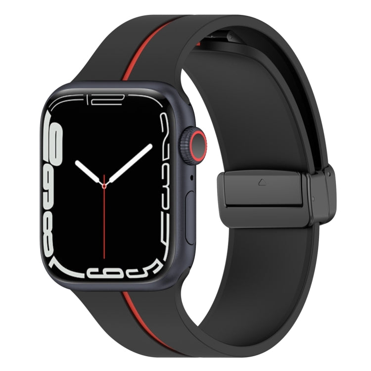 Silicone watch band with folding buckle, black with red accent, for Apple Watch