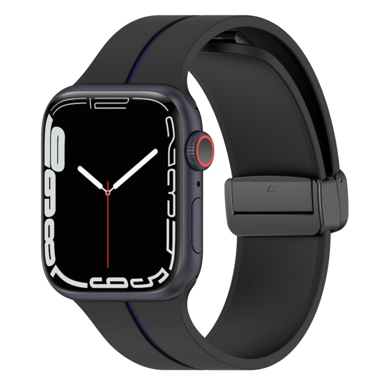 Two-color silicone watch band with folding buckle, black and dark blue.