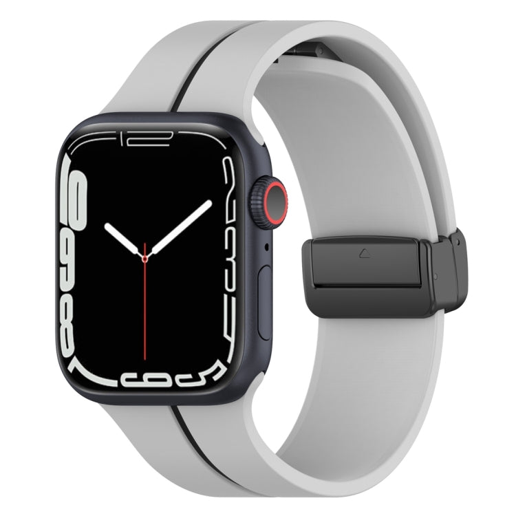 Two-color silicone watch band with folding buckle, light gray and black.