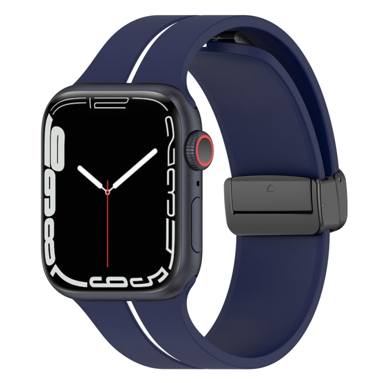 Two-color silicone watch band with folding buckle, navy blue and black.