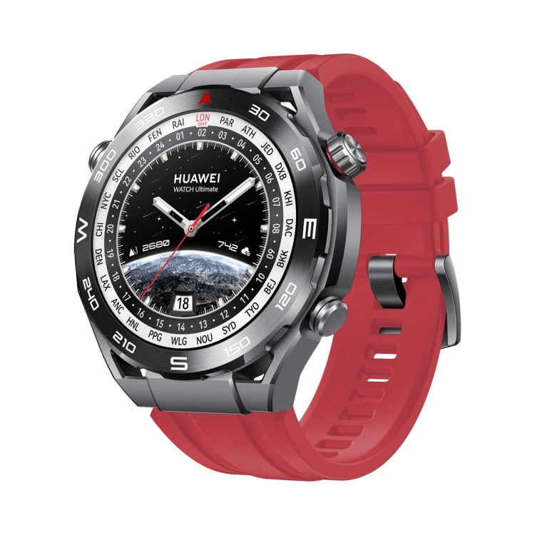 Silicone watch band red, side view with clasp and perforated strap segments