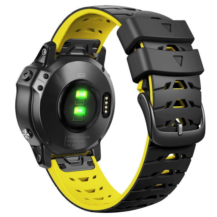 Black and yellow silicone watch band with quick-release clasp and vented holes
