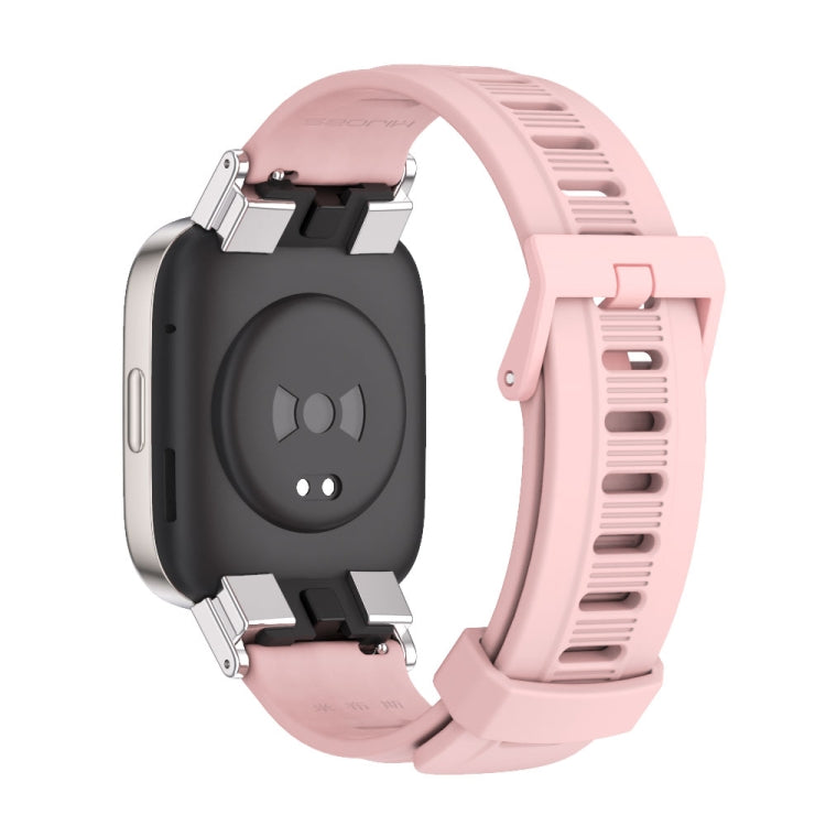 Pink TPU watch band, underside view with flat square ventilation holes and metal connectors