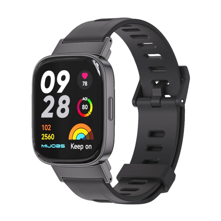 Black TPU watch band with flat square ventilation holes and metal clasp on smartwatch