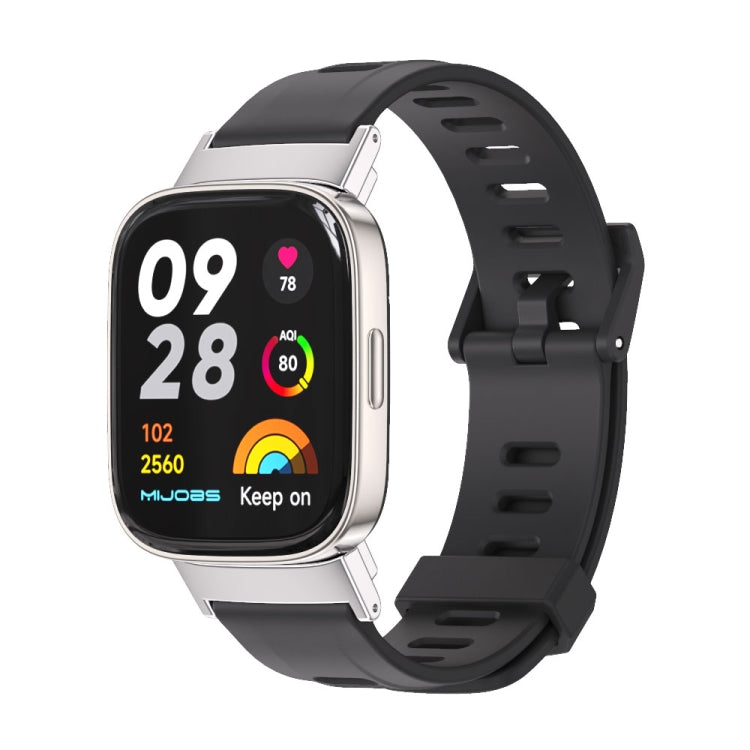 Black TPU watch band with flat square ventilation holes and silver metal clasp on smartwatch