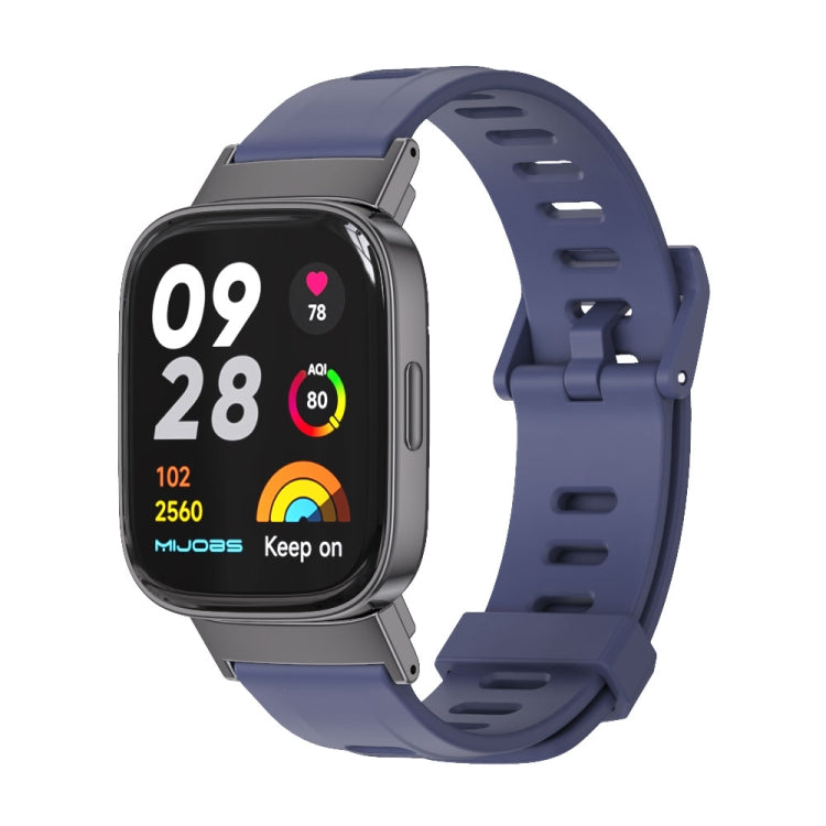 Midnight blue TPU watch band with flat square ventilation holes and metal clasp on smartwatch