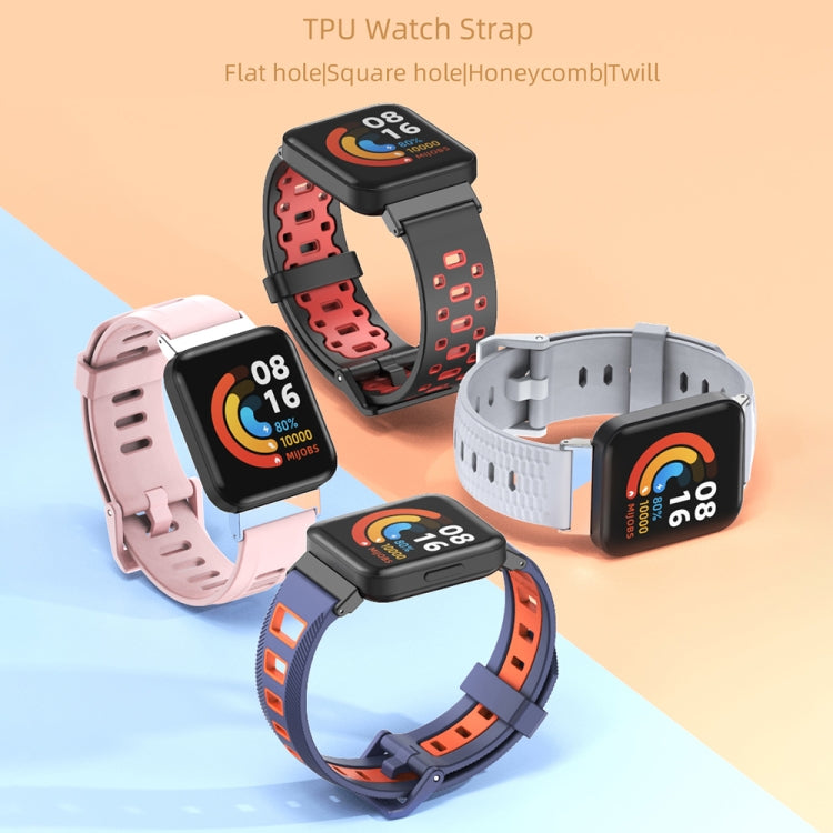 TPU watch straps with flat square ventilation holes and metal buckles, multiple colors shown