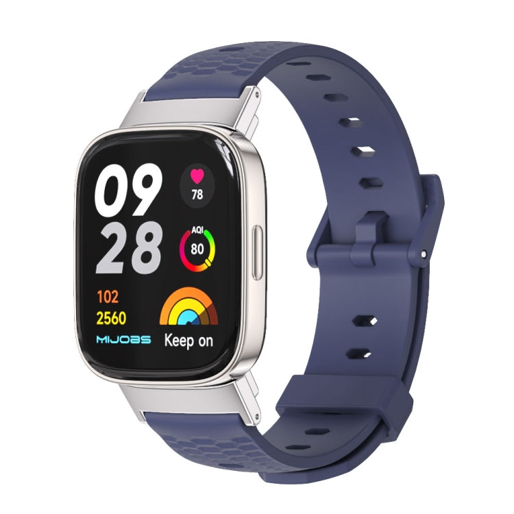 Midnight blue TPU honeycomb watch strap with silver clasp, perforated holes