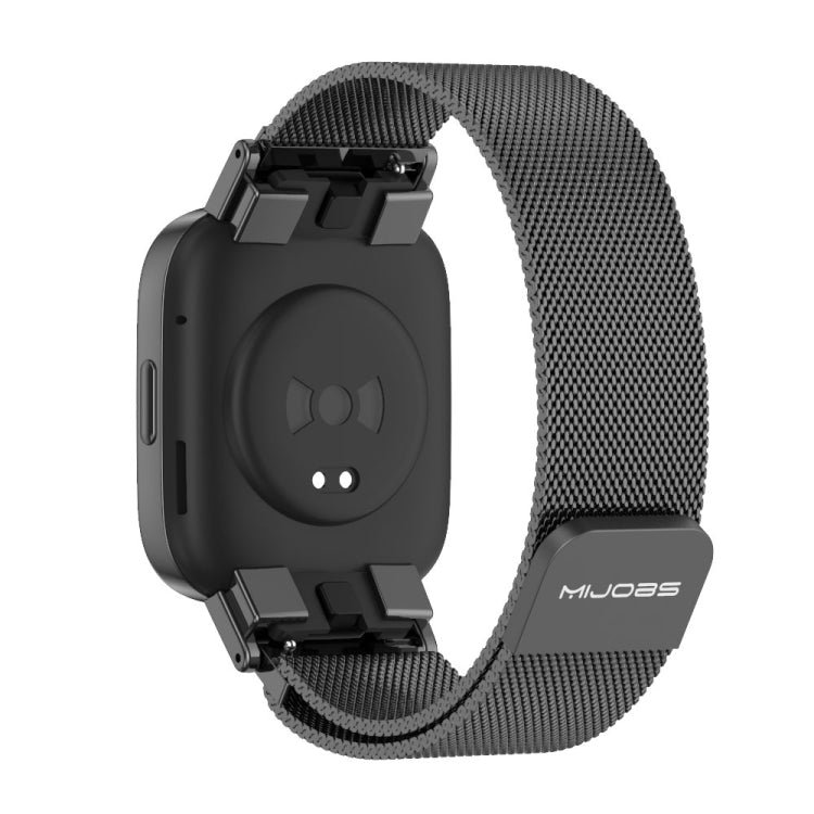 Black metal mesh watch band with metal back plate and magnetic connector